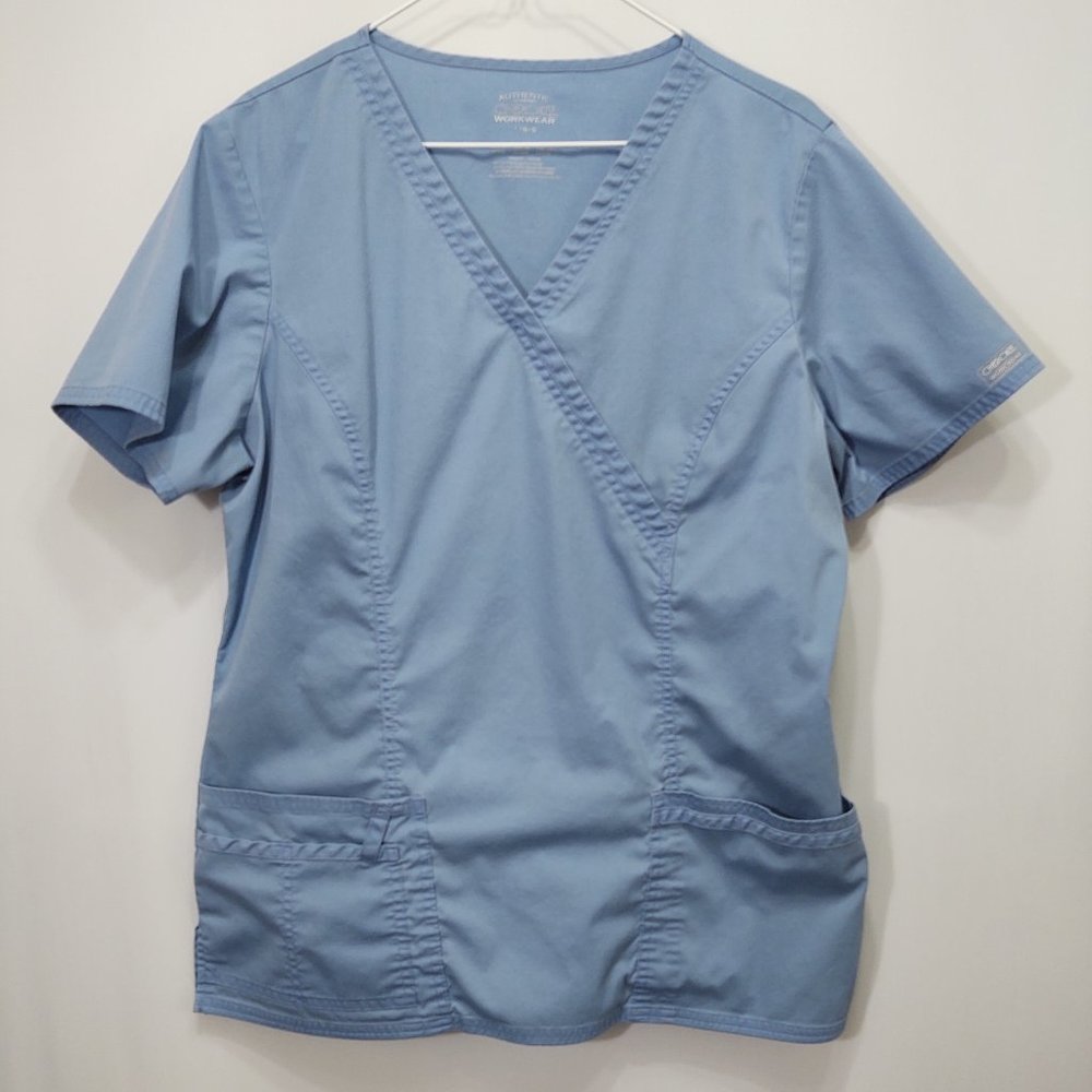 3/$30 Cherokee Workwear Blue Mock Wrap Scrub Top L